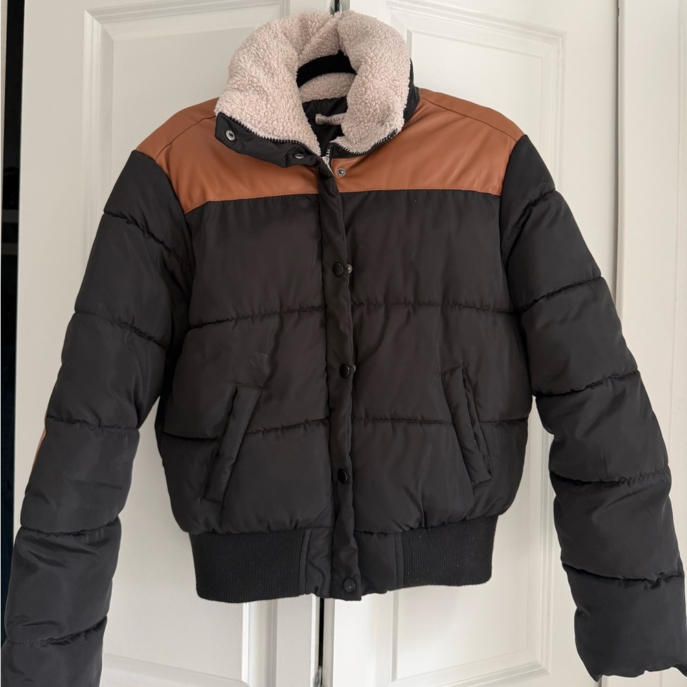 Black and Brown Puffer Jacket with Sherpa Collar
